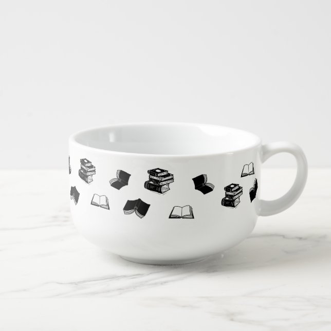 Modern Bookish Bibliophile Book Pattern Soup Mug (Left)