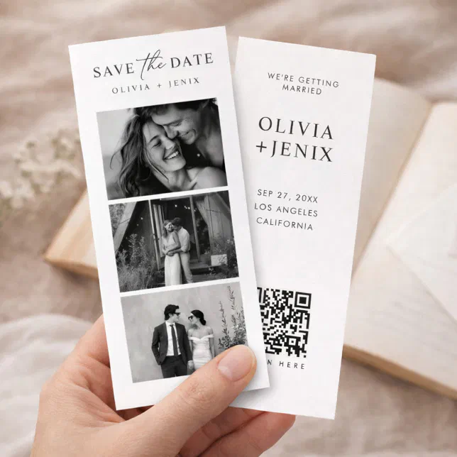 Modern Bookmark Photo Strip QR Code Wedding Save The Date | Zazzle