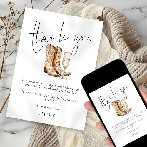 Modern Boots and Bubbly Bridal Shower Thank You Card