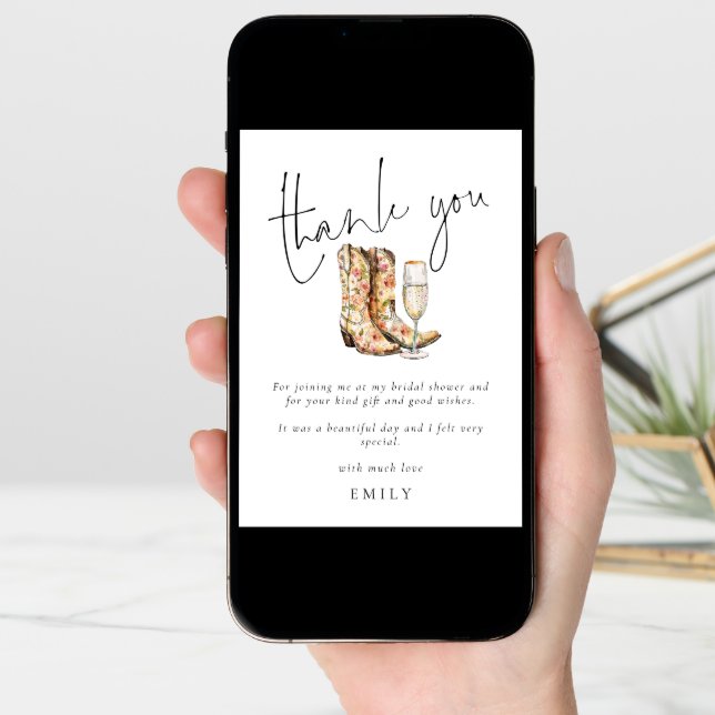 Modern Boots and Bubbly Bridal Shower Thank You Card (Front Digital)