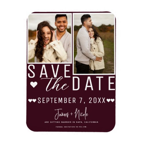 Modern Bordeaux Red Save the Date 2 Photo Wedding  Magnet