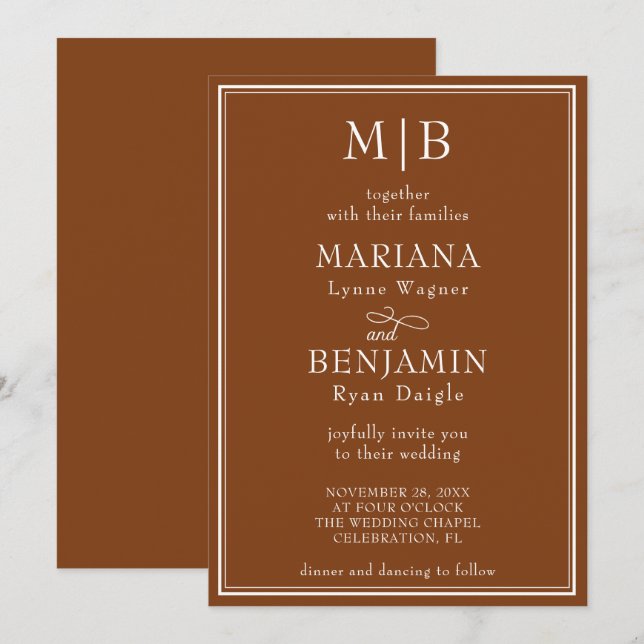 Modern Border Minimalist Boho Brown Wedding Invitation (Front/Back)