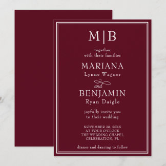 Modern Border Minimalist Boho Burgundy Wedding Invitation