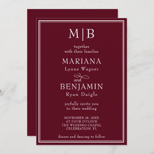 Modern Border Minimalist Boho Burgundy Wedding Invitation