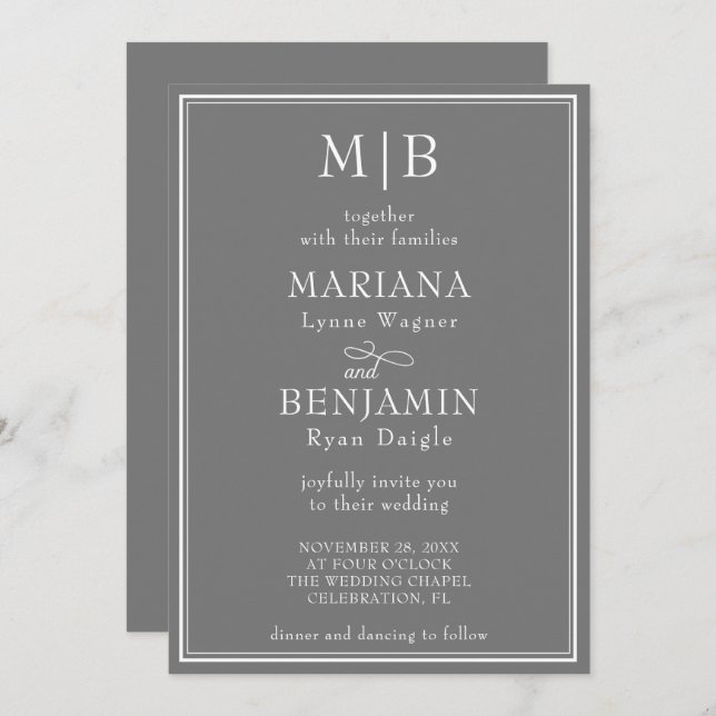 Modern Border Minimalist Boho Gray Wedding Invitation (Front/Back)