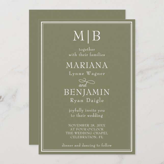 Modern Border Minimalist Boho Green Wedding Invitation (Front/Back)