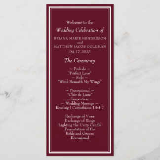 Modern Border Minimalist Burgundy Wedding Program