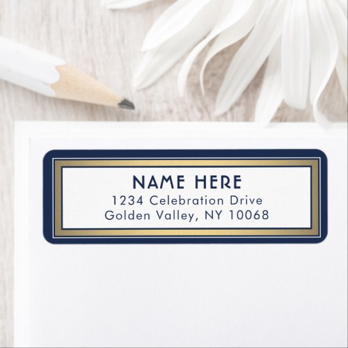 Modern Border Navy Blue White Gold Return Address Label
