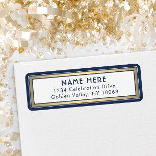 Modern Border Navy Blue White Gold Return Address Label