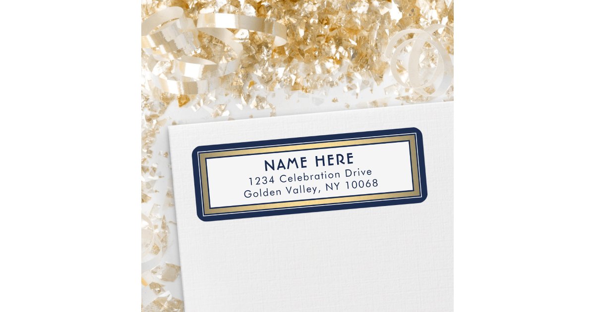 Modern Border Navy Blue White Gold Return Address Label | Zazzle