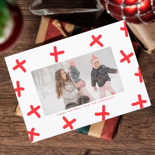 Modern Border Red White Christmas Crosses Photo Holiday Card
