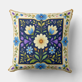 Modern Bordered Floral Design Cushion. Throw Pillow