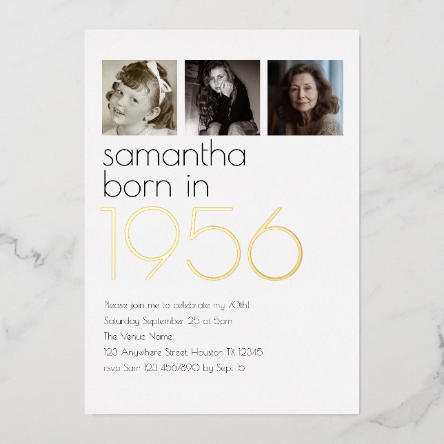 Modern Born in 1956 4 Photos 70th Birthday Party Foil Invitation (Front)
