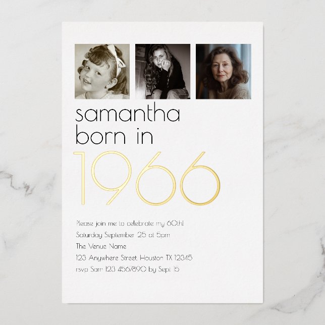 Modern Born in 1966 4 Photos 60th Birthday Party Foil Invitation (Front)