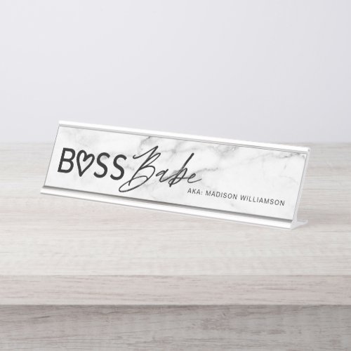 Modern Boss Babe Stylish White Grey Marble  Black Desk Name Plate