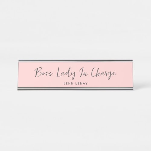 Modern Boss Blush Pink Grey Script Personalized Desk Name Plate