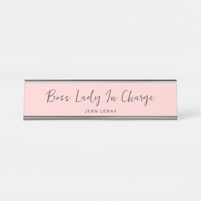 Modern Boss Blush Pink Grey Script Personalized Desk Name Plate (Front)