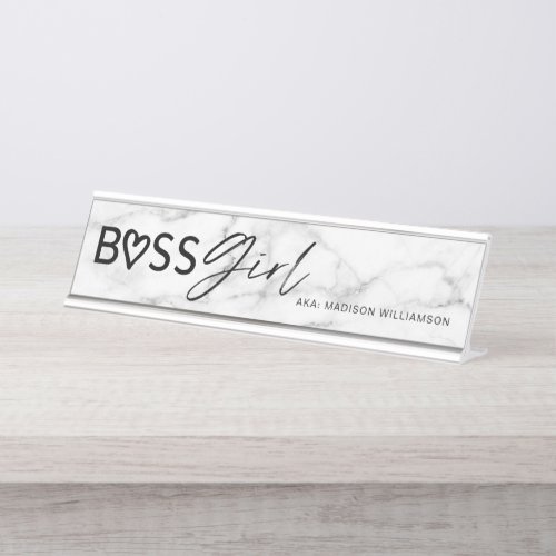 Modern Boss Girl Stylish White Grey Marble  Black Desk Name Plate