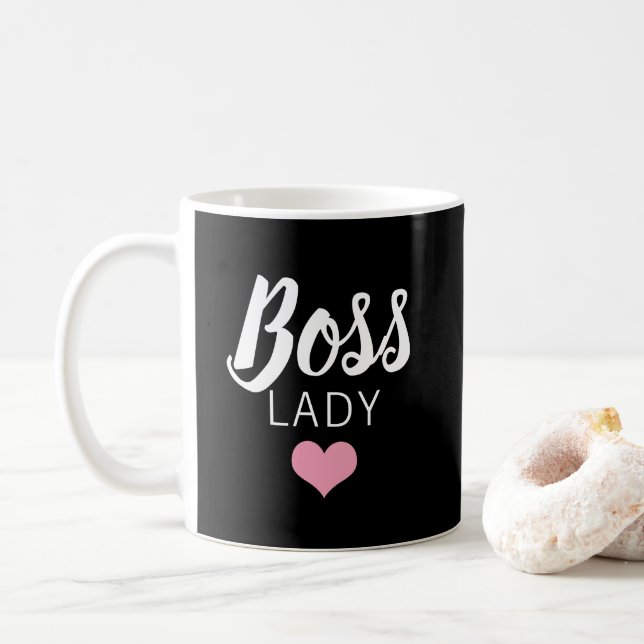 Modern Boss Lady Black Pink Heart Script Coffee Mug (With Donut)