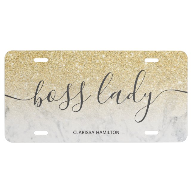 Modern boss lady quote gold glitter marble license plate (Front)
