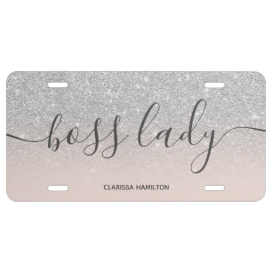 Modern boss lady quote silver glitter blush pink license plate