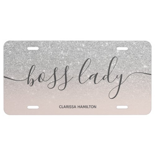 Modern boss lady quote silver glitter blush pink license plate