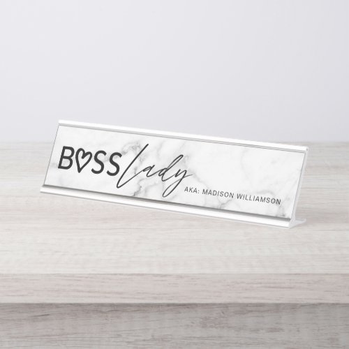 Modern Boss Lady Stylish White Grey Marble  Black Desk Name Plate
