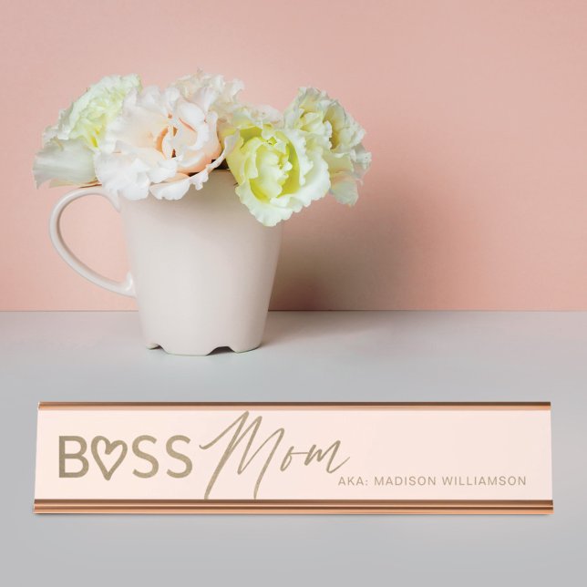 Modern Boss Mom Stylish Blush Pink & Gold Desk Name Plate (Creator Uploaded)