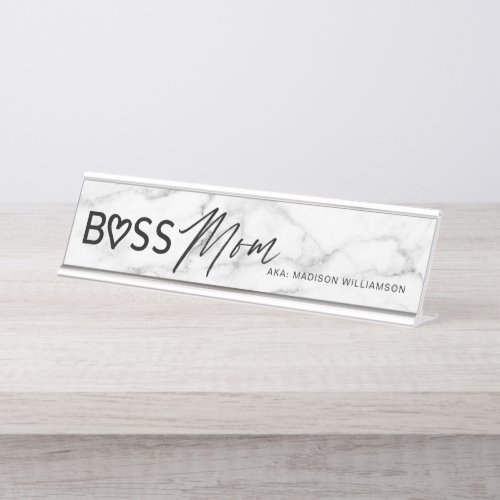 Modern Boss Mom Stylish White Grey Marble  Black Desk Name Plate