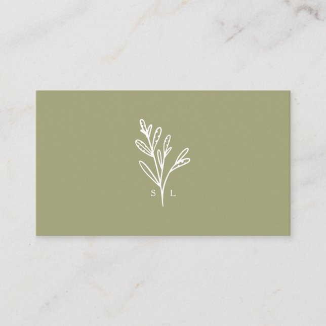 Modern Botanic Foliage Line-art Monogram Olive Business Card (Front)