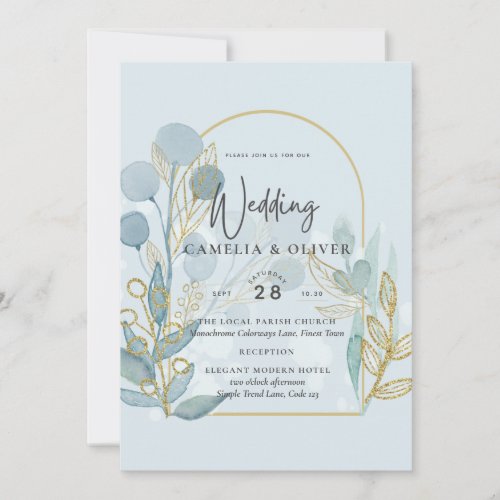 Modern Botanica Aqua SeaGlass Gold Wedding Invite