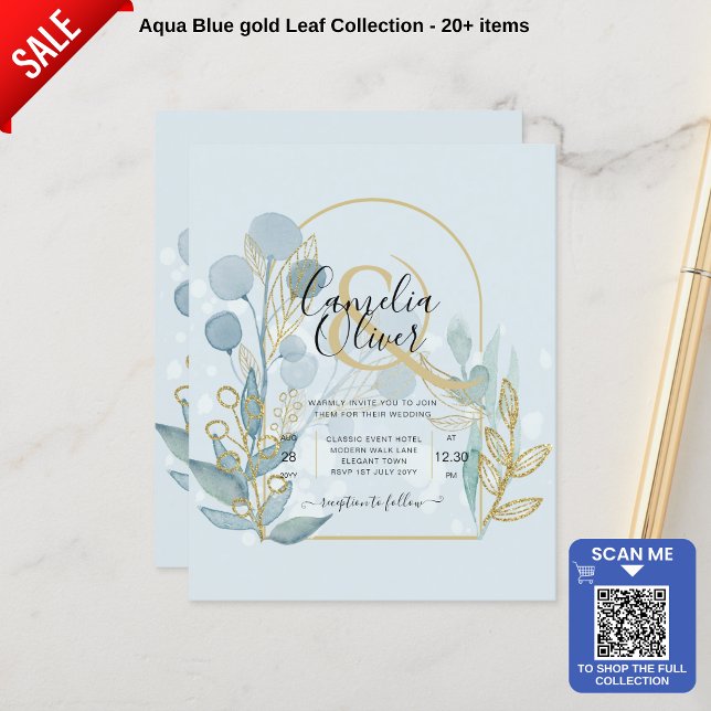 Modern Botanica; Aqua SeaGlass Gold Wedding Invite (Creator Uploaded)