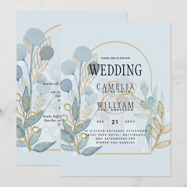 Modern Botanica; Aqua SeaGlass Gold Wedding Invite (Front/Back)