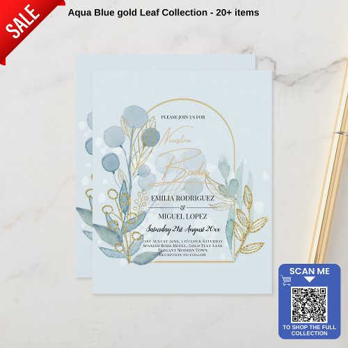 Modern Botanica Aqua SeaGlass Gold Wedding Invite Flyer