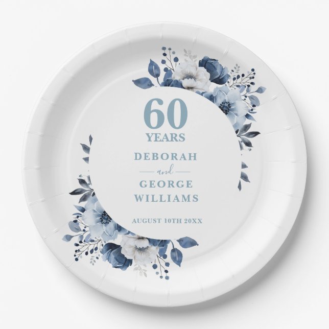 Modern Botanical 60th Diamond Wedding Anniversary Paper Plates (Front)