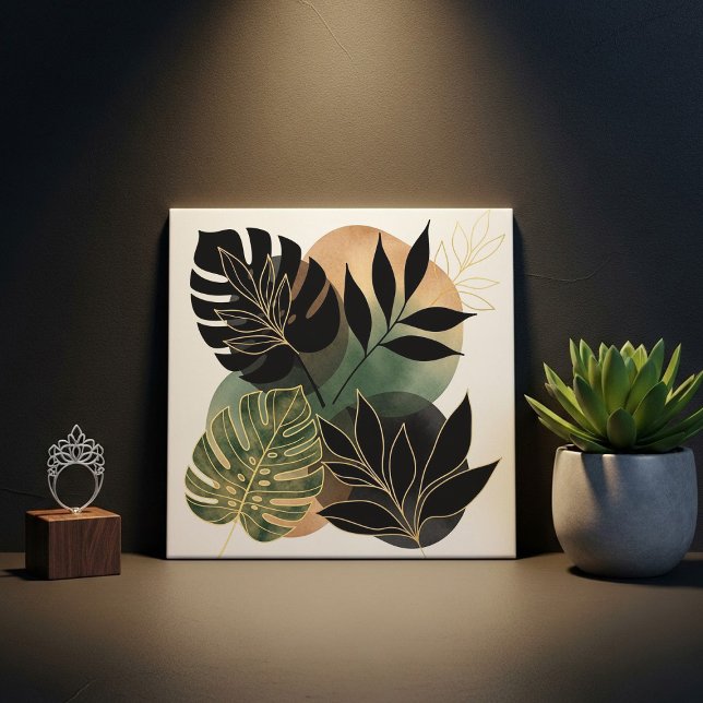 Modern Botanical Abstract Art Black and Gold Leave Ceramic Tile (Creator Uploaded)