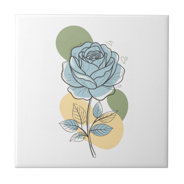 Modern Botanical Aesthetic - Blue Rose Line Art Ceramic Tile (Front)