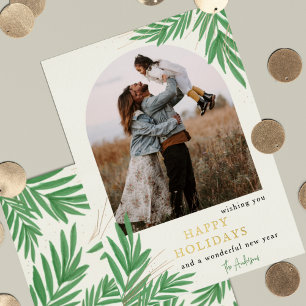 Modern Botanical Arch Greenery Photo Foil Holiday Card