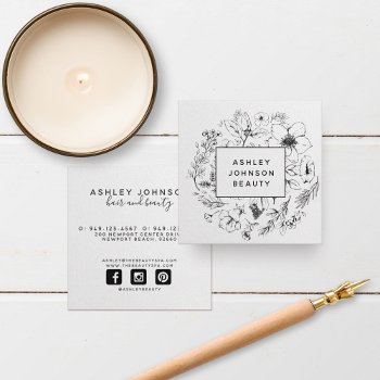 Modern Botanical Black And White Square Business Card by Anastasia_Designs at Zazzle