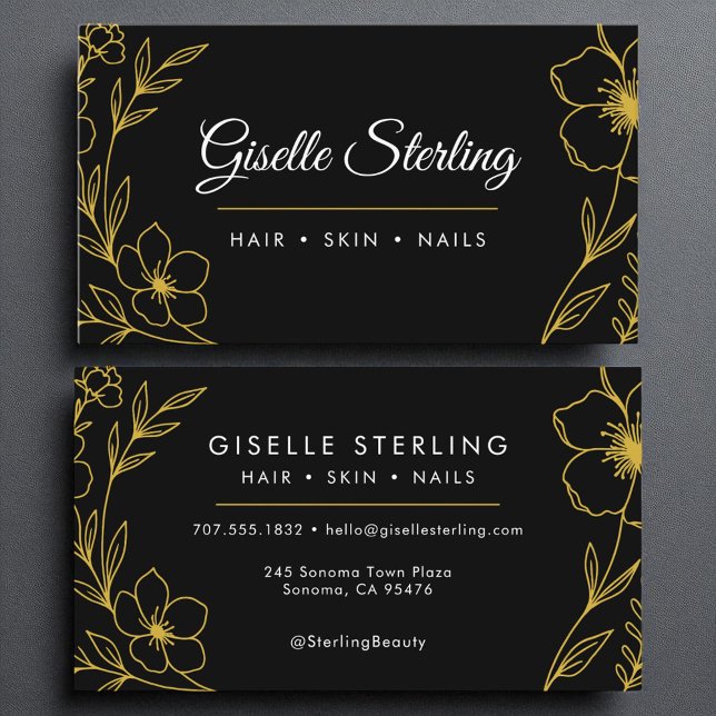 Modern Botanical Black Gold Name Typography Business Card (Creator Uploaded)