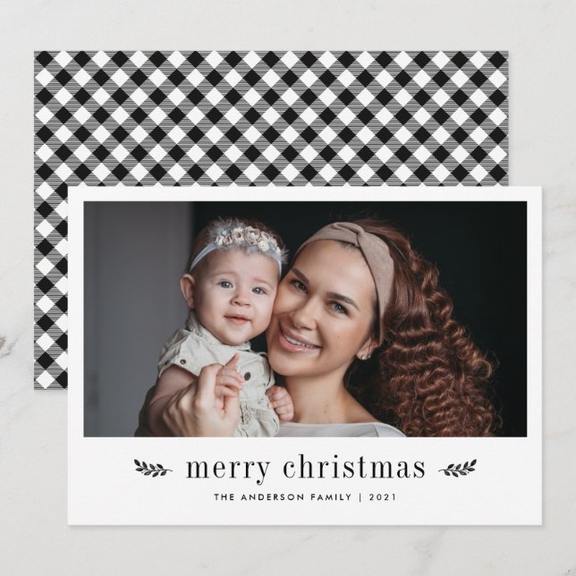 Modern Botanical Black Plaid Merry Christmas Photo Holiday Card (Front/Back)
