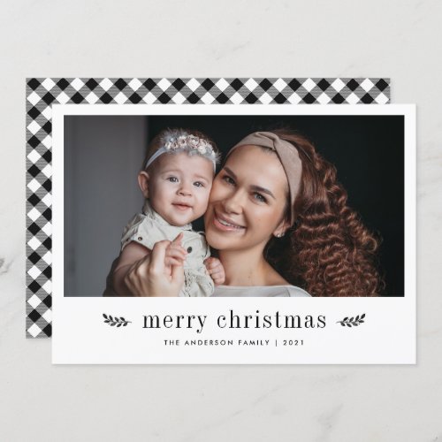 Modern Botanical Black Plaid Merry Christmas Photo Holiday Card