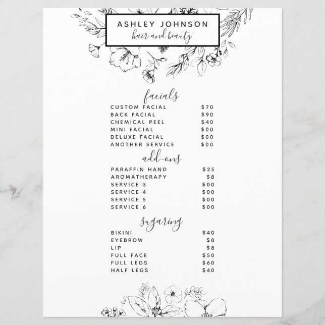 Modern Botanical Black White Spa 3 Services Menu (Front)
