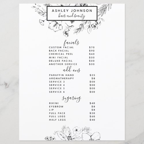 Modern Botanical Black White Spa 3 Services Menu