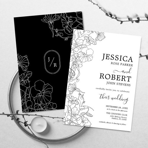 Modern Botanical Black White Wedding Minimalist Invitation