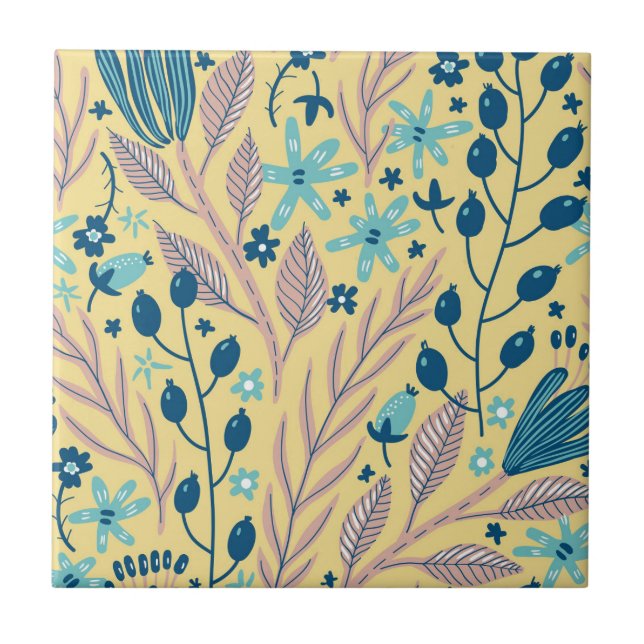 Modern Botanical Blue Floral Pattern on Beige Ceramic Tile (Front)