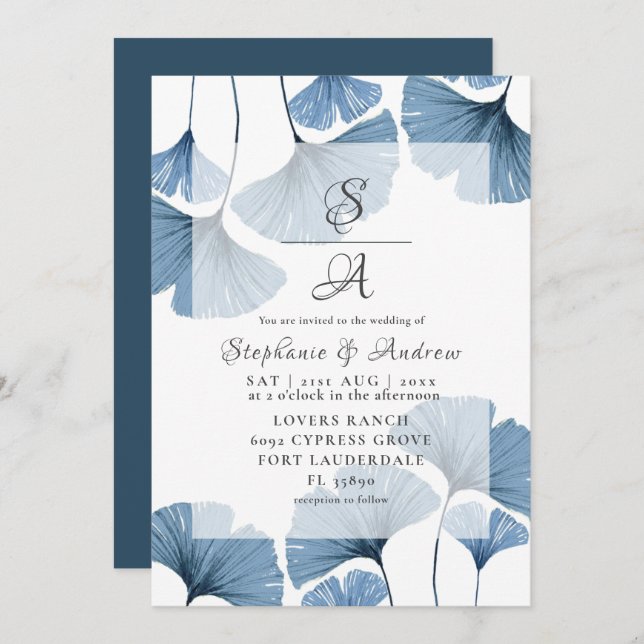 Modern Botanical Blue Gingko Wedding Invitation (Front/Back)