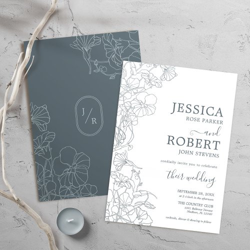 Modern Botanical Blue Grey Wedding Minimalist Invitation