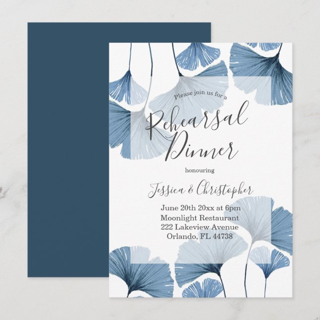 Modern Botanical Blue & White Rehearsal Dinner Invitation (Front/Back)