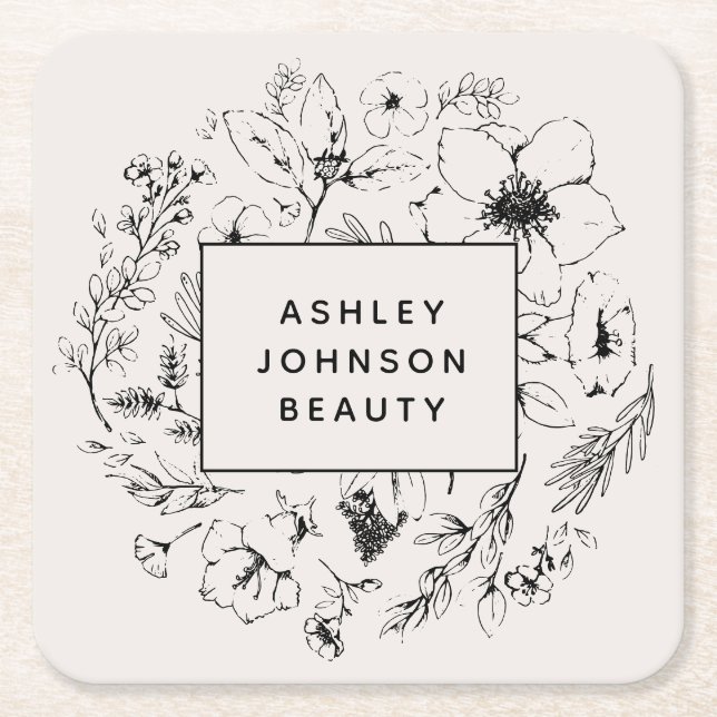 Modern Botanical Blush and Black Branded Square Paper Coaster (Front)